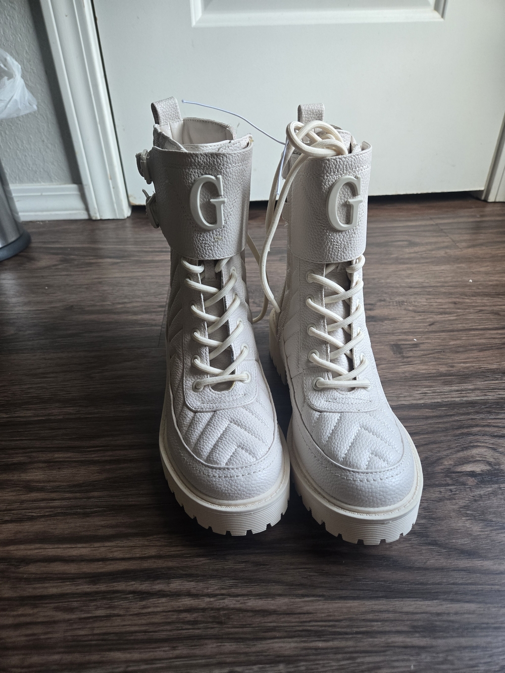 Guess Cream Quilted Lace-Up Combat Boots with Monogram G